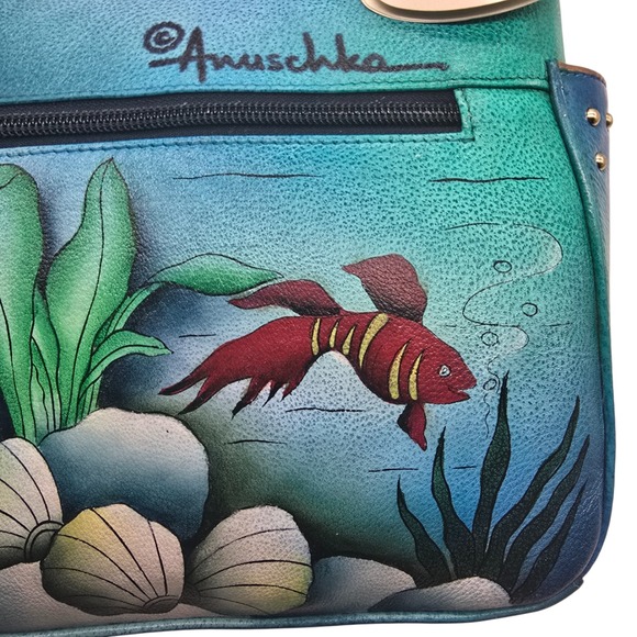 Anuschka Hand‎ Painted Hobo Bag – Blue Mermaid, Leather Purse, 9"x8.25"x4.75" - Picture 5 of 16